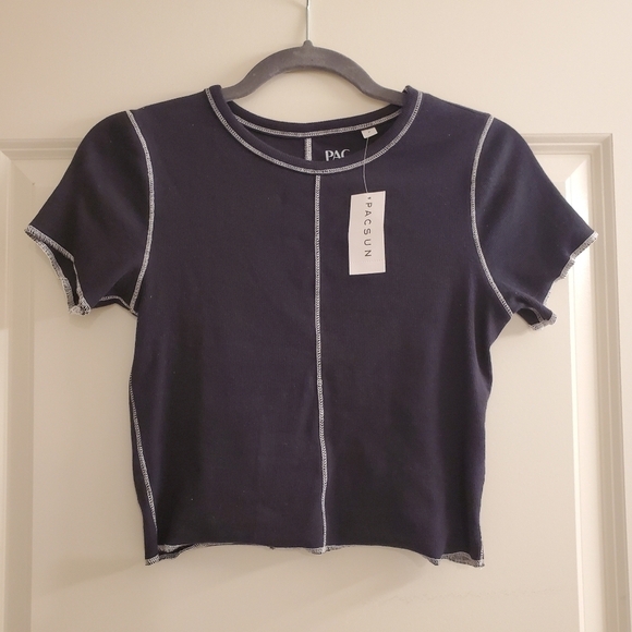 Pacsun PacCares Trusting Black Exposed Seams Ribbed Short Sleeve Crop Top - Picture 4 of 8